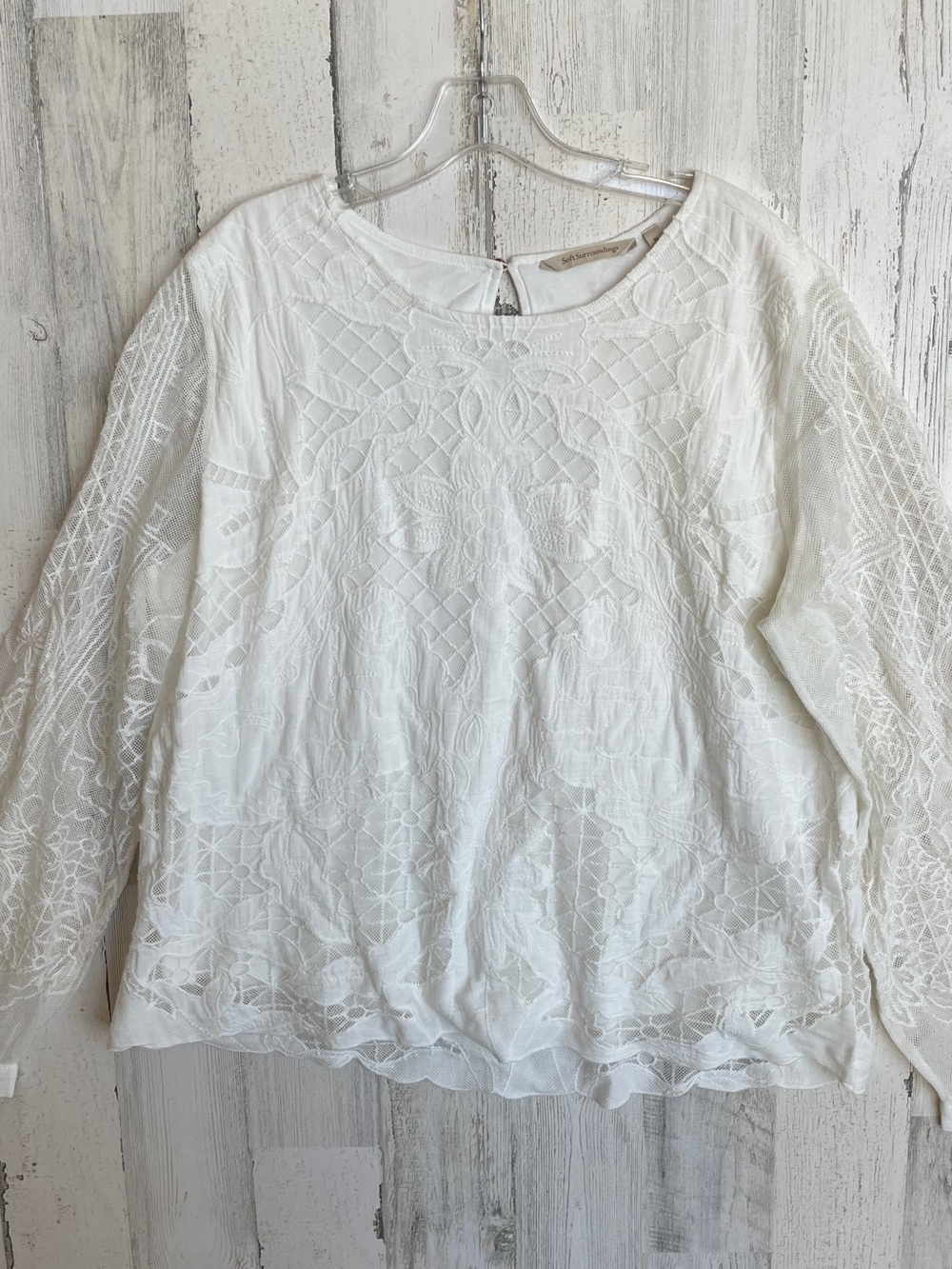 Soft Surroundings White Lace Peasant Blouse XL Lined Body Long Sleeves